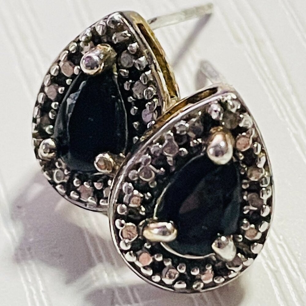 VINTAGE Sterling Silver Pear Blue Stone Stud Earrings S925 Halo Setting